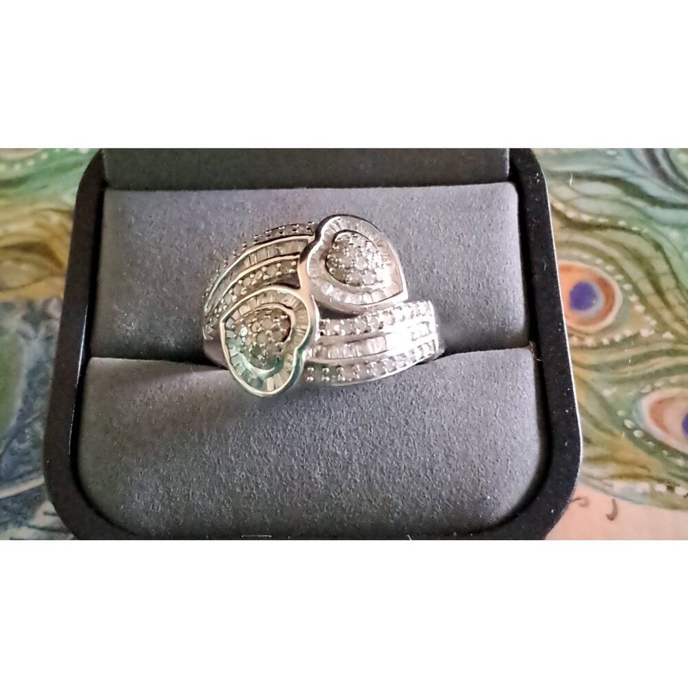 NEW~Gorgeous 1.5Ct. Genuine Diamond Double Heart Bypass Ring Sz 8
